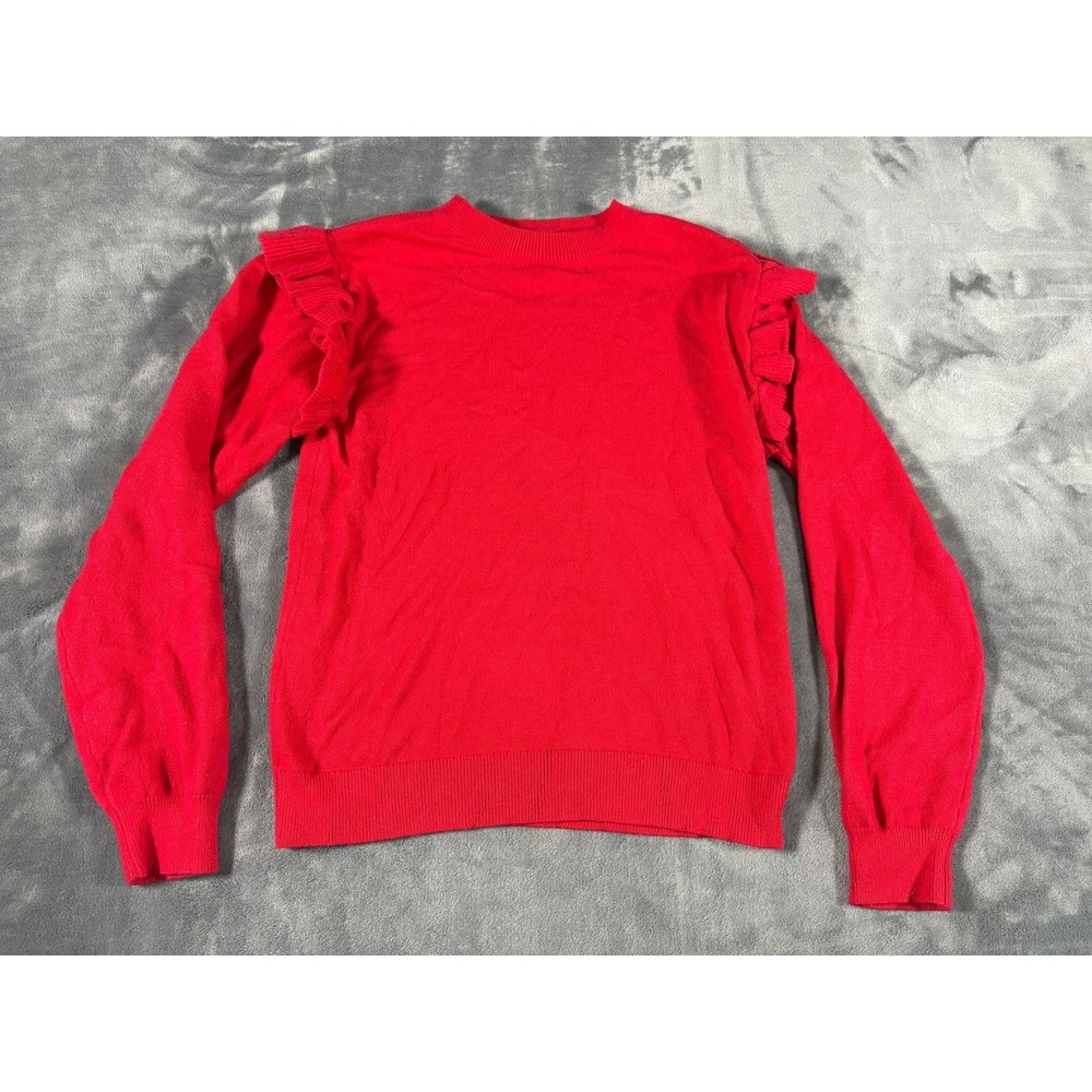 Unbranded Womens Ruffle Shoulder Crewneck Sweater Pit to Pit 16 Red Solid Knit
